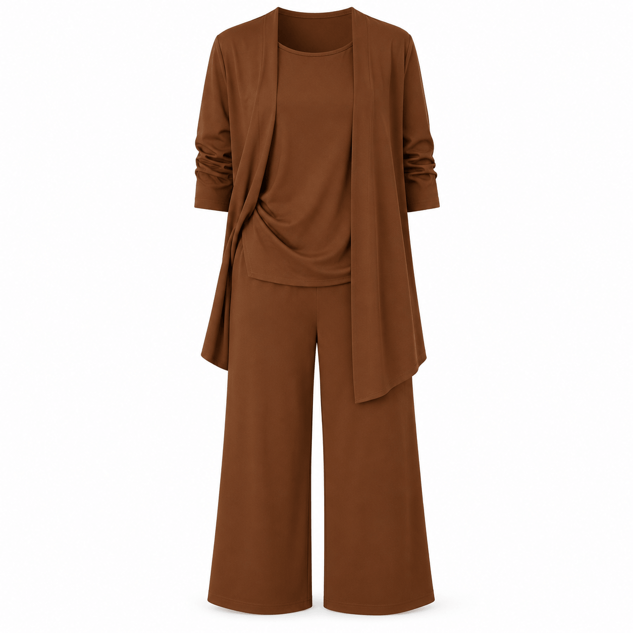 Women’s Round Neck Long Sleeve 3 Piece Co-Ord Set with Wide Leg Trousers