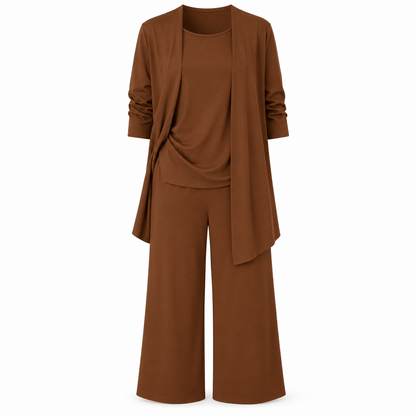 Women’s Round Neck Long Sleeve 3 Piece Co-Ord Set with Wide Leg Trousers