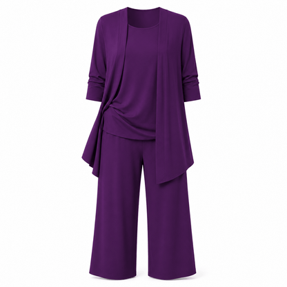 Women’s Round Neck Long Sleeve 3 Piece Co-Ord Set with Wide Leg Trousers