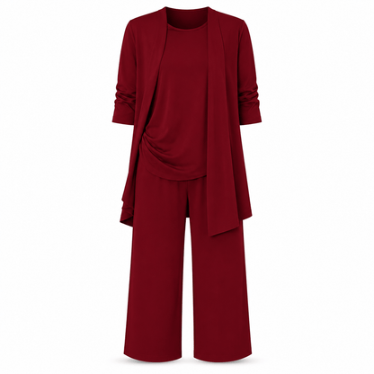 Women’s Round Neck Long Sleeve 3 Piece Co-Ord Set with Wide Leg Trousers