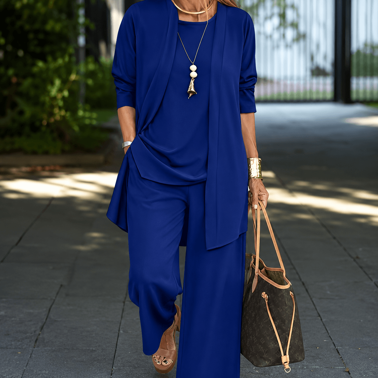 Women’s Round Neck Long Sleeve 3 Piece Co-Ord Set with Wide Leg Trousers