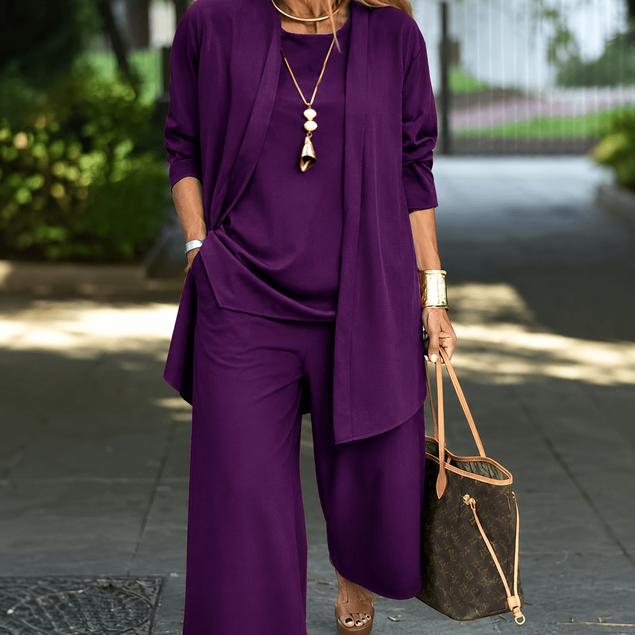 Women’s Round Neck Long Sleeve 3 Piece Co-Ord Set with Wide Leg Trousers