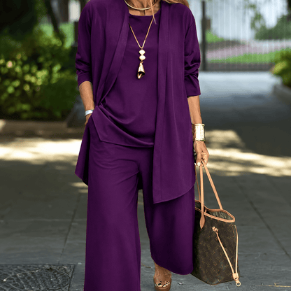 Women’s Round Neck Long Sleeve 3 Piece Co-Ord Set with Wide Leg Trousers