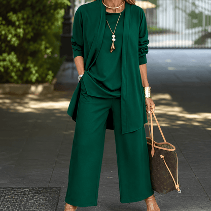 Women’s Round Neck Long Sleeve 3 Piece Co-Ord Set with Wide Leg Trousers
