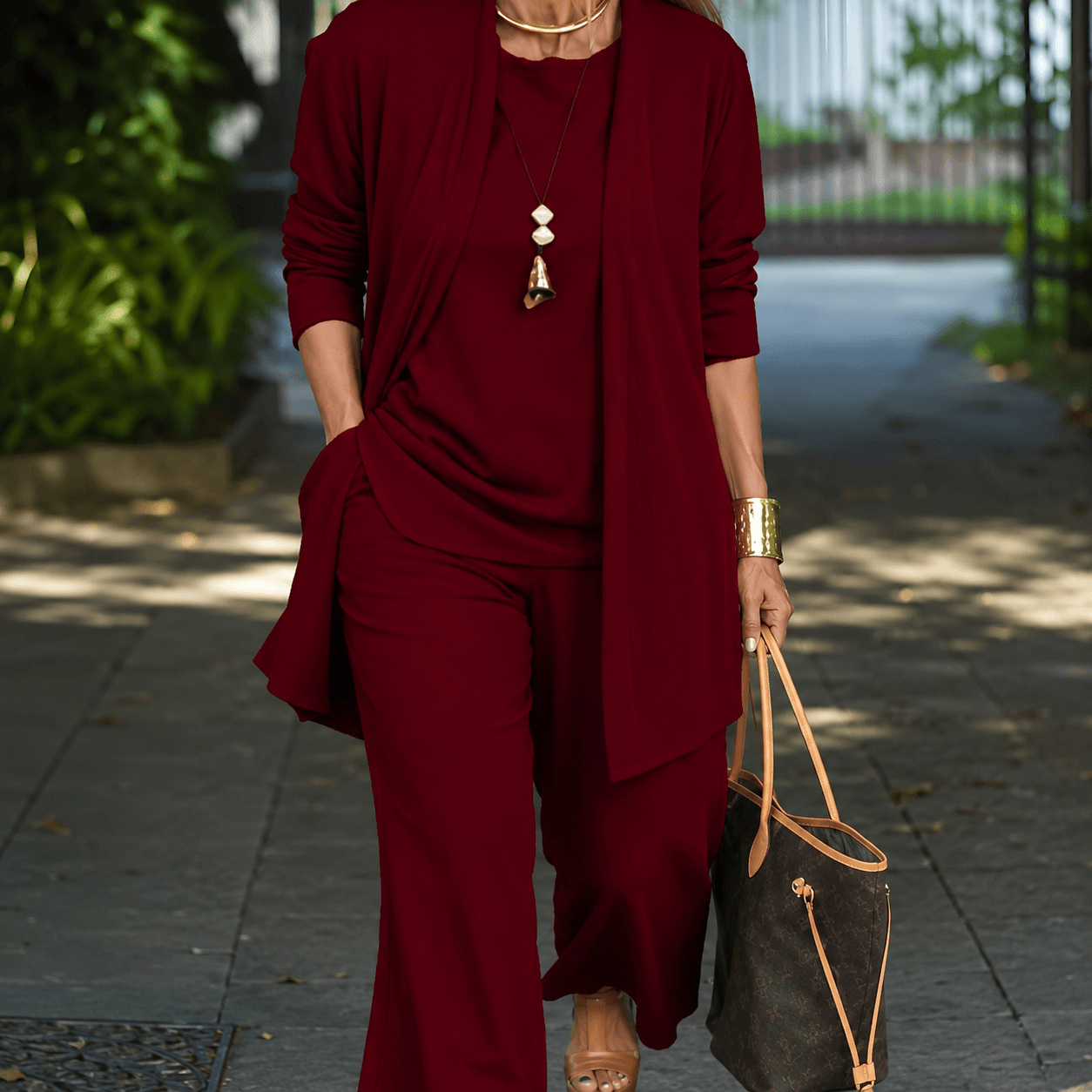 Women’s Round Neck Long Sleeve 3 Piece Co-Ord Set with Wide Leg Trousers