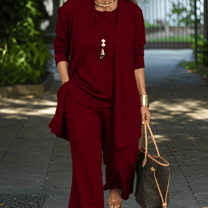 Women’s Round Neck Long Sleeve 3 Piece Co-Ord Set with Wide Leg Trousers