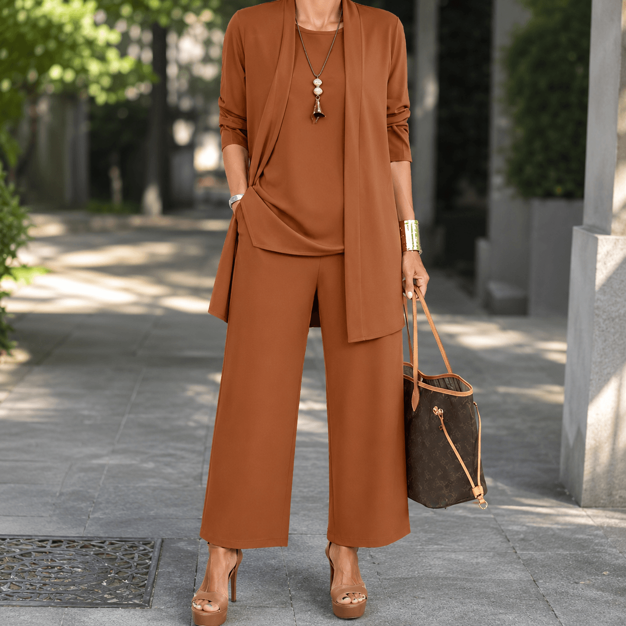 Women’s Round Neck Long Sleeve 3 Piece Co-Ord Set with Wide Leg Trousers