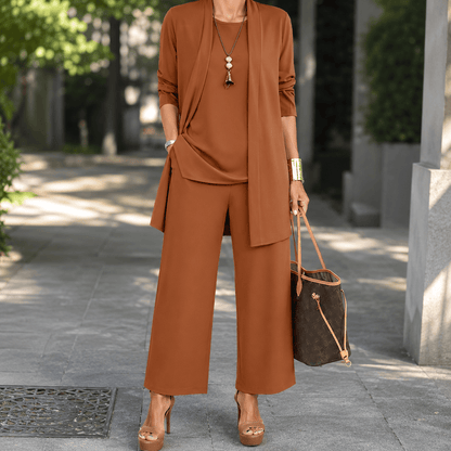 Women’s Round Neck Long Sleeve 3 Piece Co-Ord Set with Wide Leg Trousers