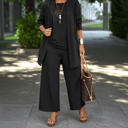 Women’s Round Neck Long Sleeve 3 Piece Co-Ord Set with Wide Leg Trousers
