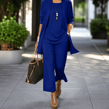 Women’s Round Neck Long Sleeve 3 Piece Co-Ord Set with Wide Leg Trousers
