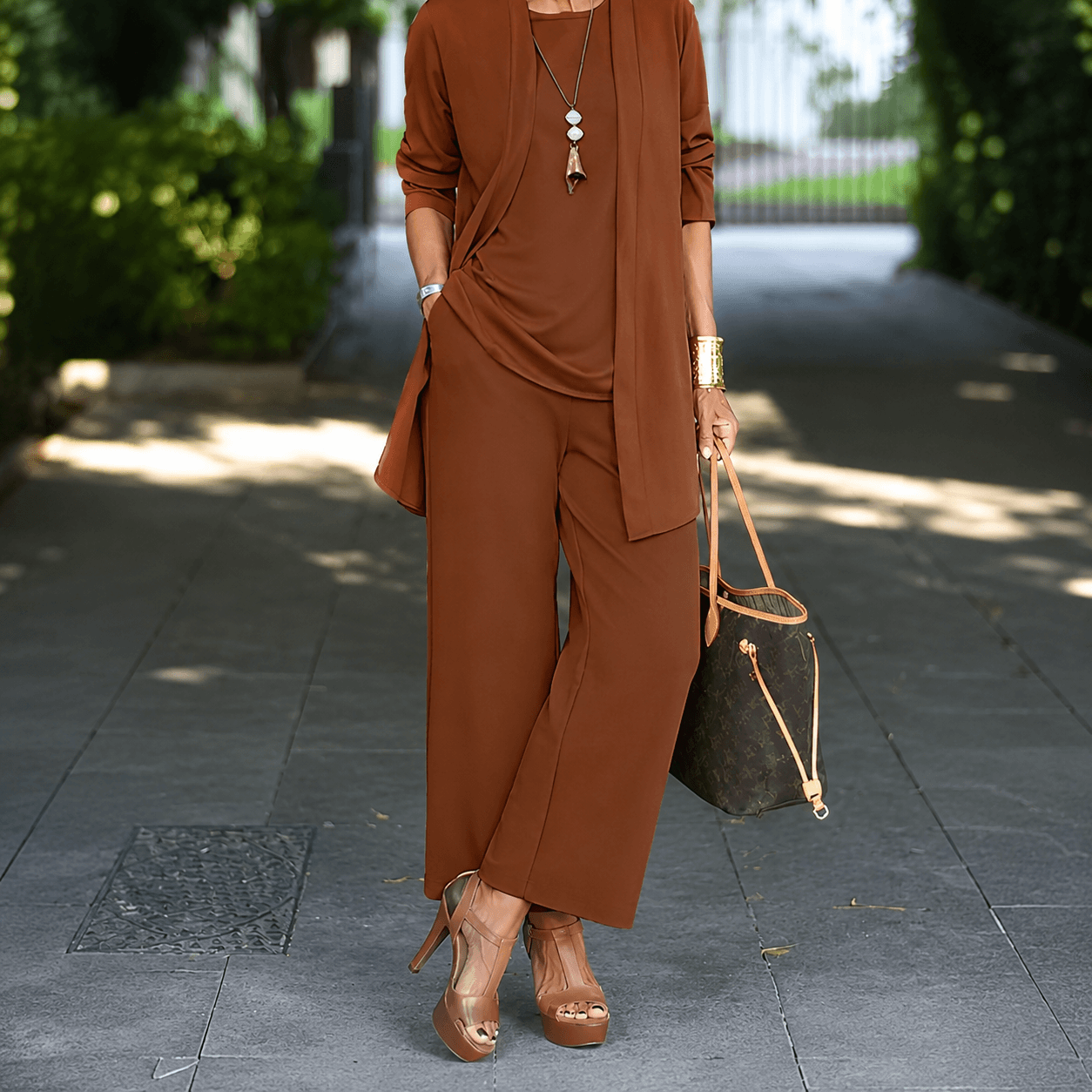 Women’s Round Neck Long Sleeve 3 Piece Co-Ord Set with Wide Leg Trousers