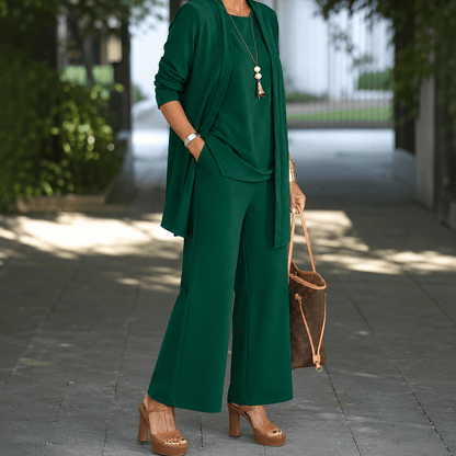 Women’s Round Neck Long Sleeve 3 Piece Co-Ord Set with Wide Leg Trousers