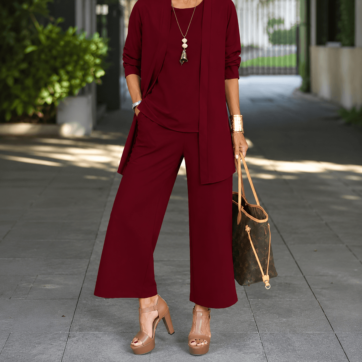 Women’s Round Neck Long Sleeve 3 Piece Co-Ord Set with Wide Leg Trousers