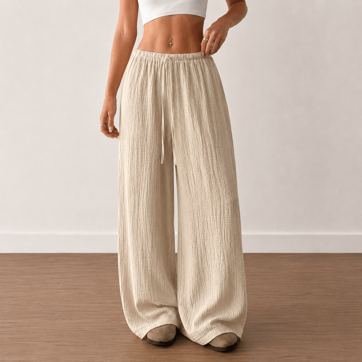 Women’s Drawstring Elastic Waist Wide Leg Trousers