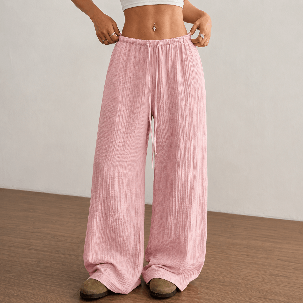 Women’s Drawstring Elastic Waist Wide Leg Trousers