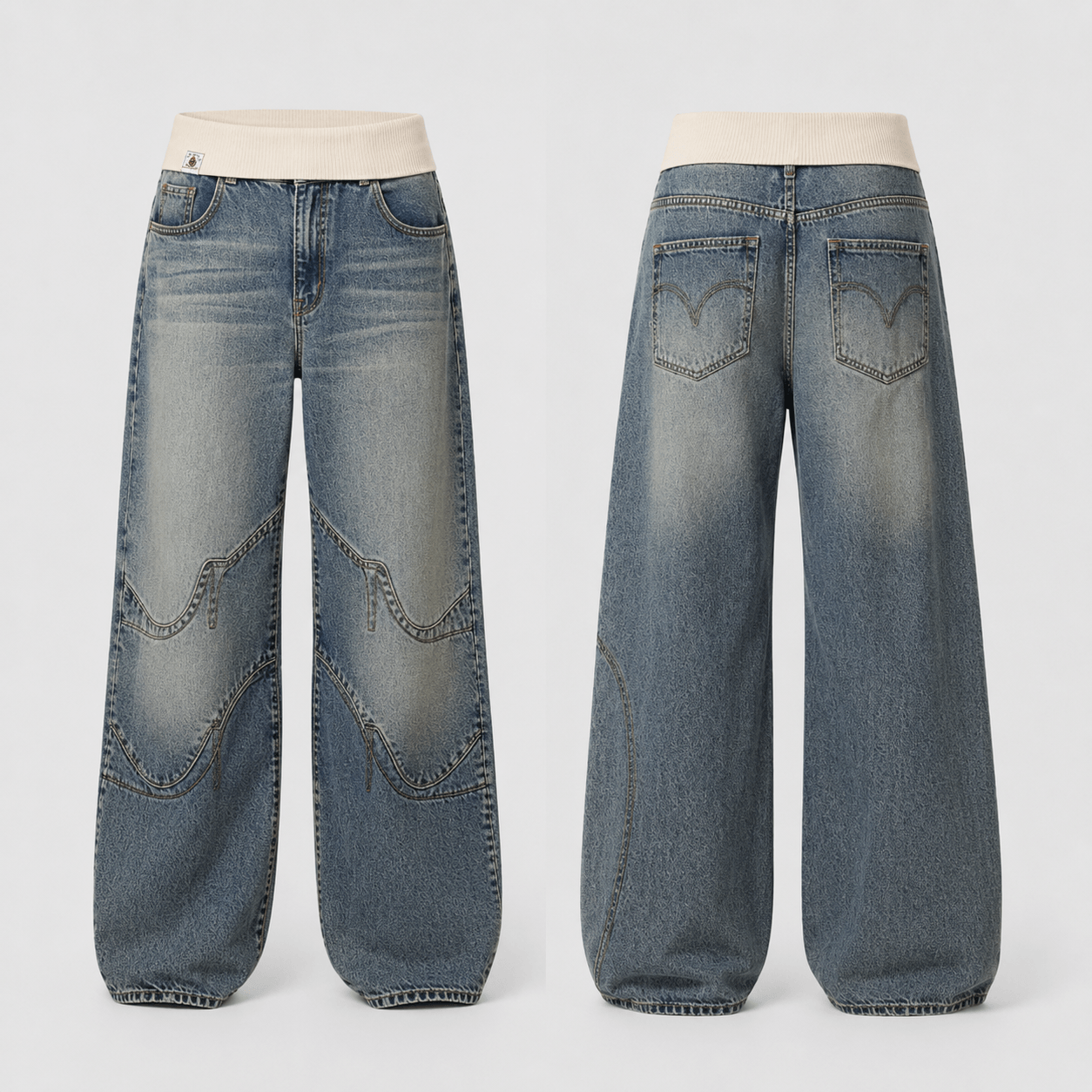 Women’s Grey Elastic Waist Wide Leg Baggy Jeans