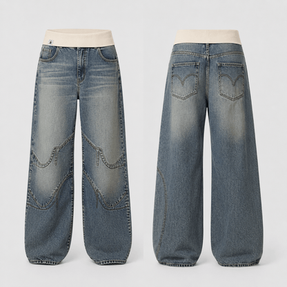 Women’s Grey Elastic Waist Wide Leg Baggy Jeans