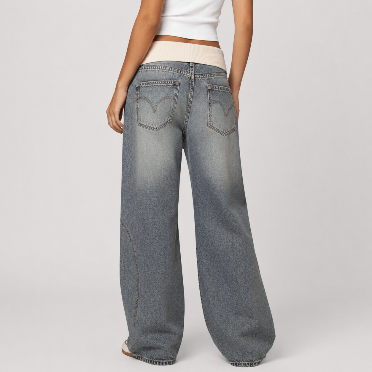 Women’s Grey Elastic Waist Wide Leg Baggy Jeans