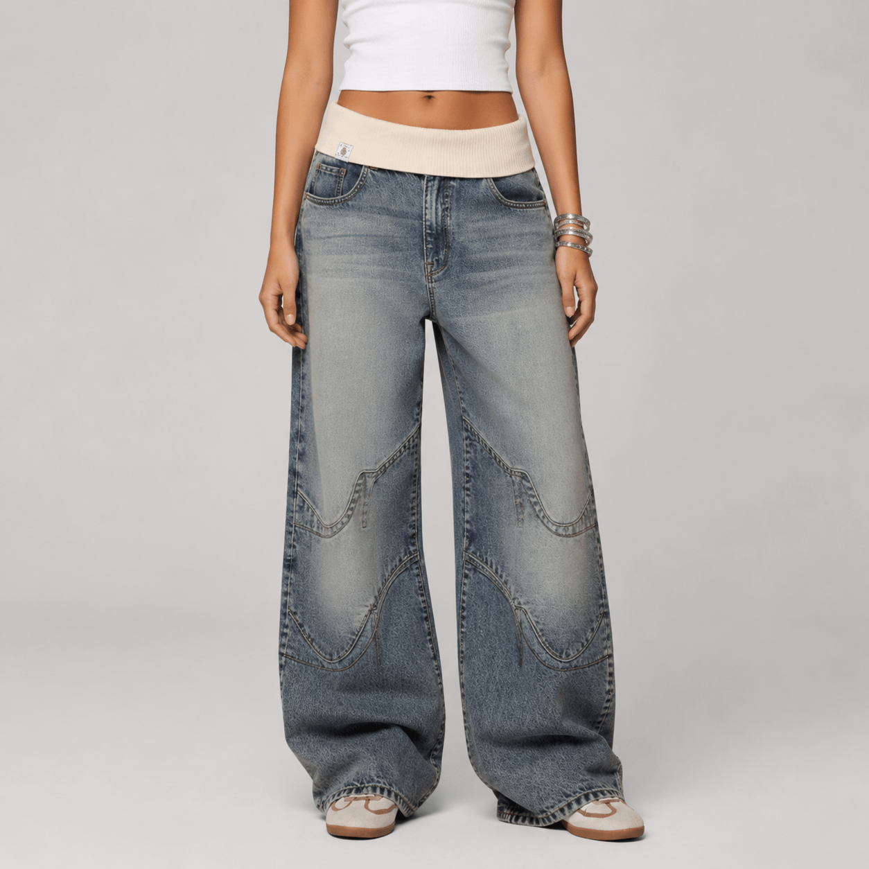 Women’s Grey Elastic Waist Wide Leg Baggy Jeans