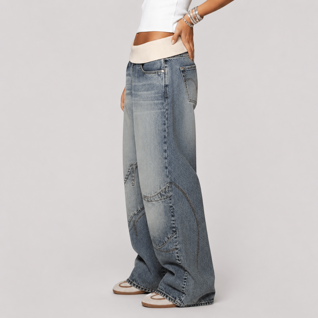 Women’s Grey Elastic Waist Wide Leg Baggy Jeans