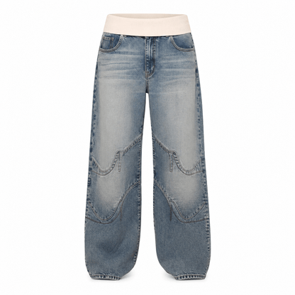 Women’s Grey Elastic Waist Wide Leg Baggy Jeans