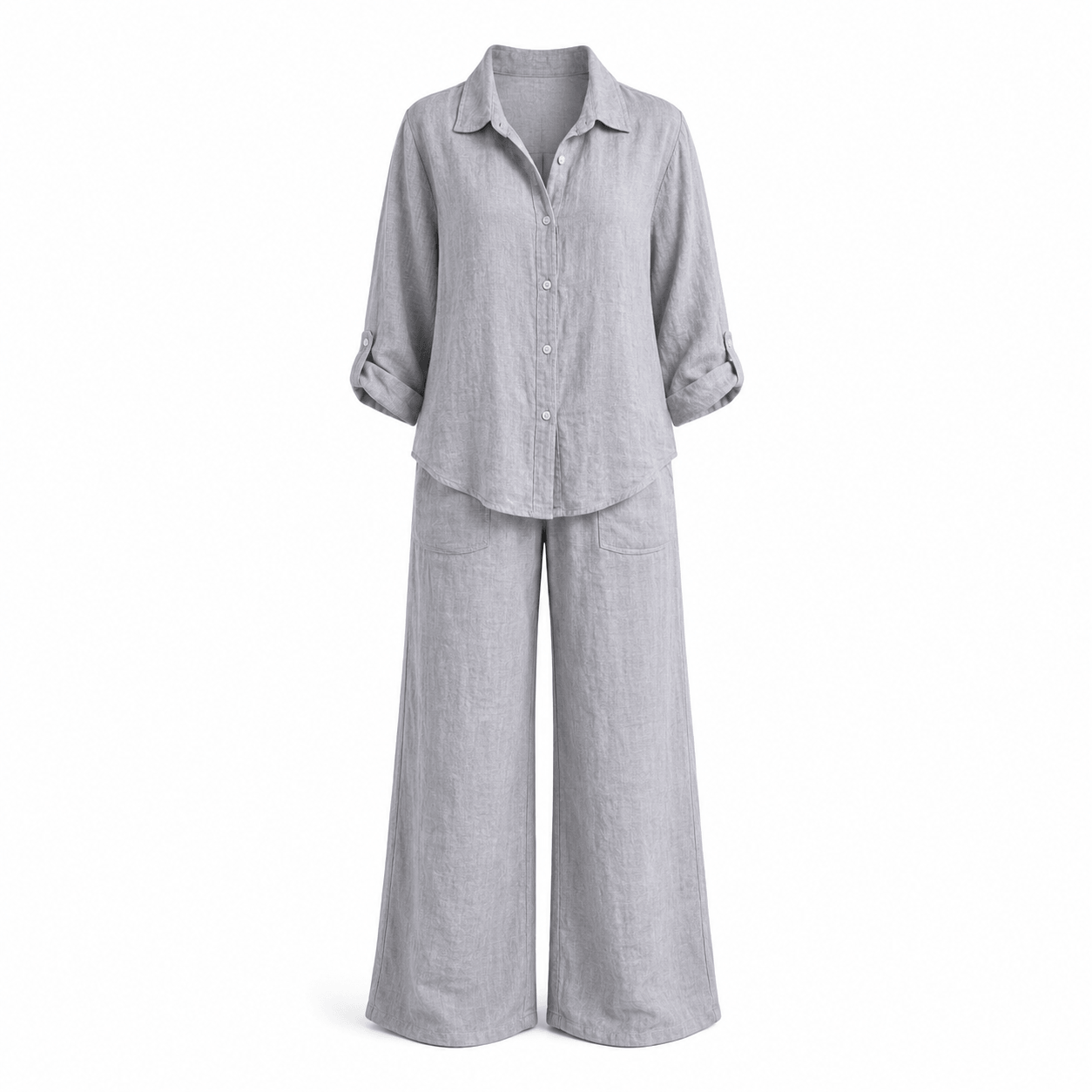 Women’s Linen Two Piece Set Long Sleeve Shirt & Wide Leg Trousers