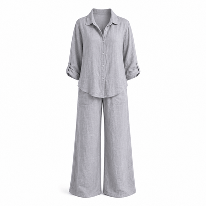 Women’s Linen Two Piece Set Long Sleeve Shirt & Wide Leg Trousers