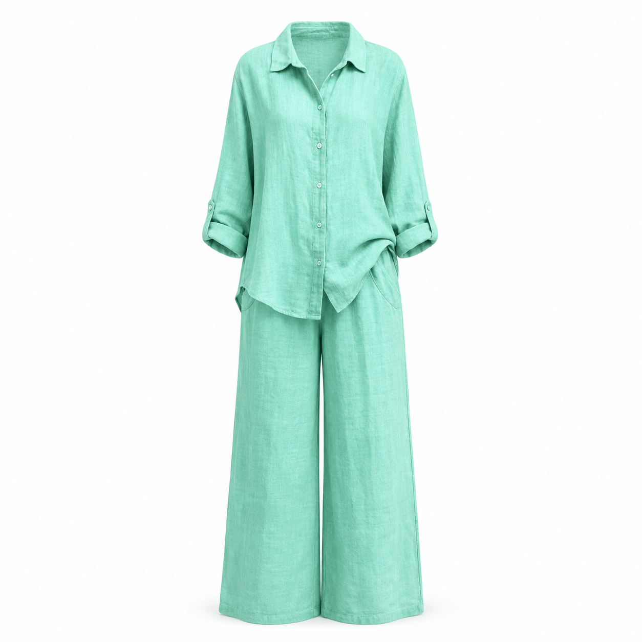 Women’s Linen Two Piece Set Long Sleeve Shirt & Wide Leg Trousers