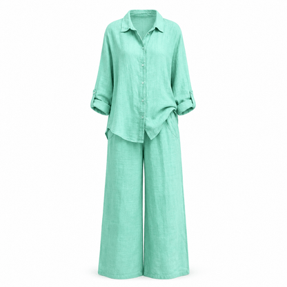 Women’s Linen Two Piece Set Long Sleeve Shirt & Wide Leg Trousers