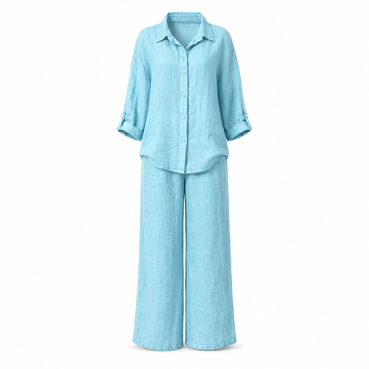 Women’s Linen Two Piece Set Long Sleeve Shirt & Wide Leg Trousers