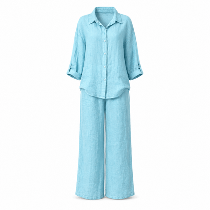 Women’s Linen Two Piece Set Long Sleeve Shirt & Wide Leg Trousers