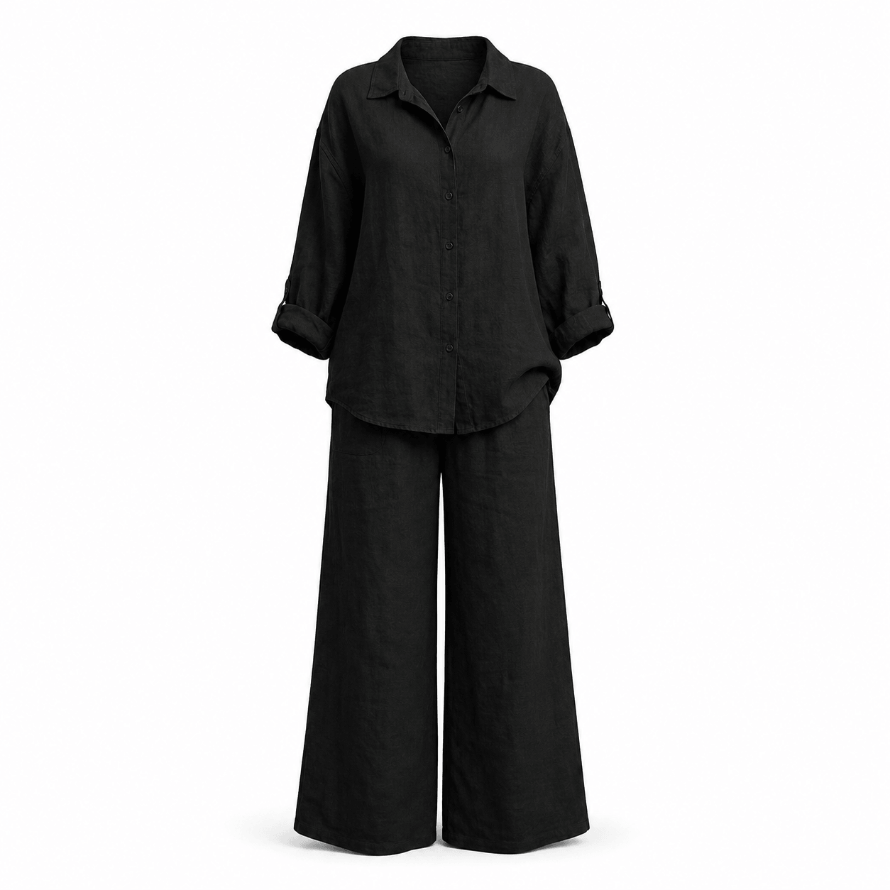 Women’s Linen Two Piece Set Long Sleeve Shirt & Wide Leg Trousers