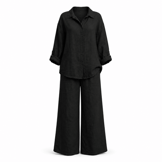 Women’s Linen Two Piece Set Long Sleeve Shirt & Wide Leg Trousers