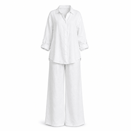 Women’s Linen Two Piece Set Long Sleeve Shirt & Wide Leg Trousers