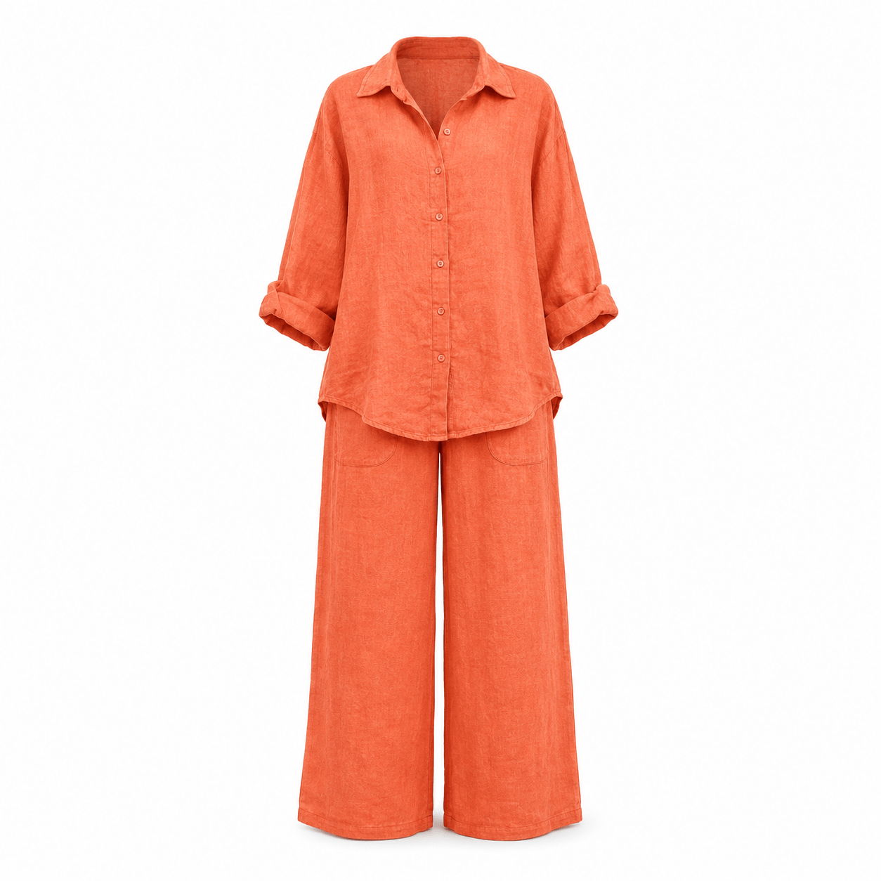 Women’s Linen Two Piece Set Long Sleeve Shirt & Wide Leg Trousers
