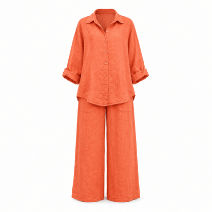 Women’s Linen Two Piece Set Long Sleeve Shirt & Wide Leg Trousers