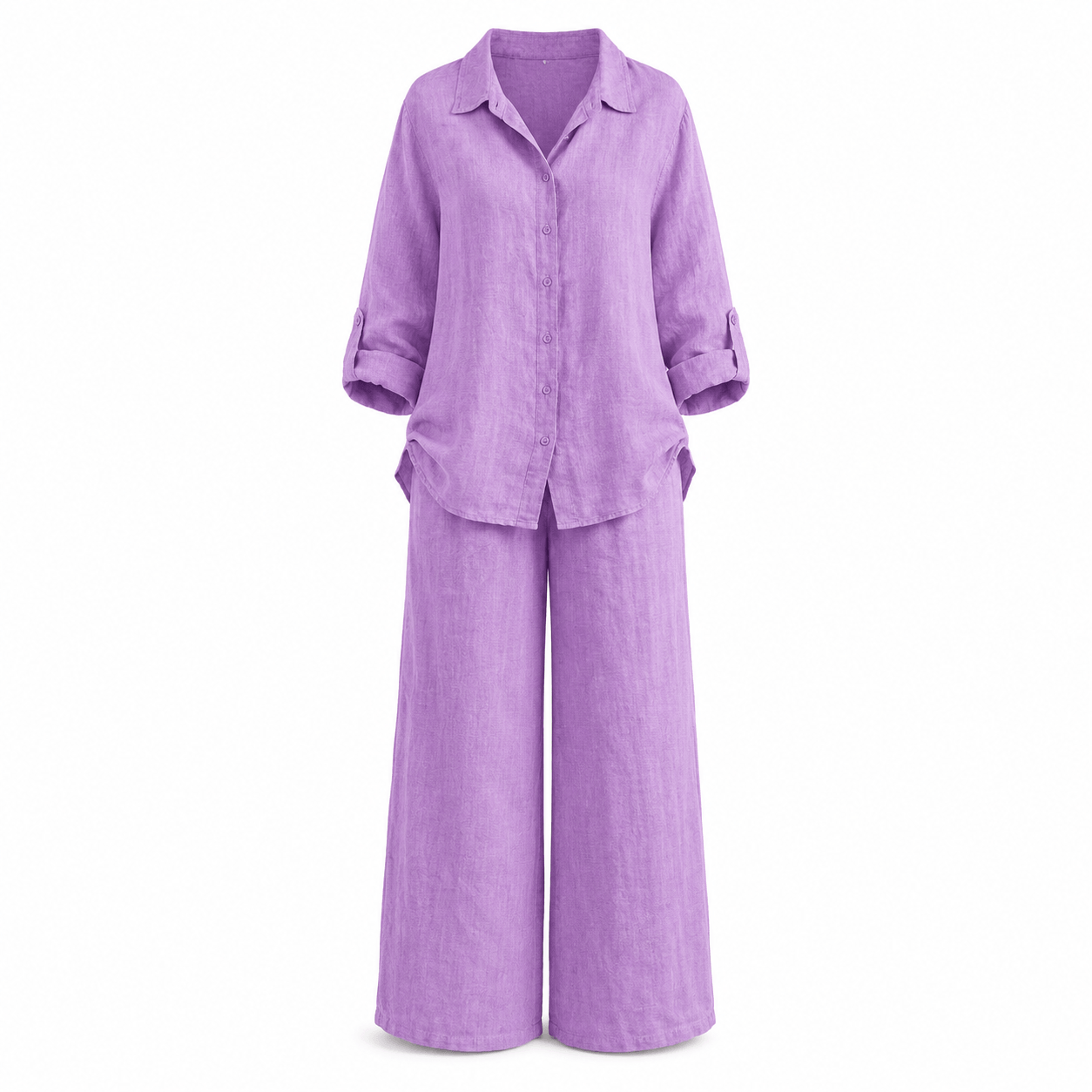 Women’s Linen Two Piece Set Long Sleeve Shirt & Wide Leg Trousers