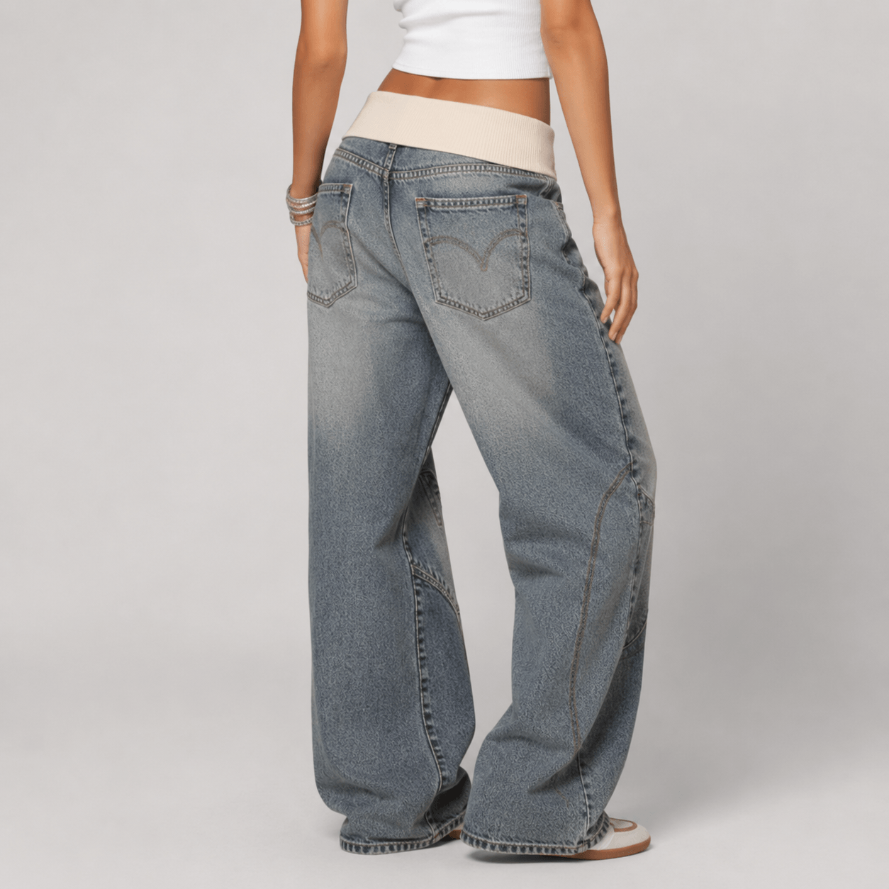 Women’s Grey Elastic Waist Wide Leg Baggy Jeans