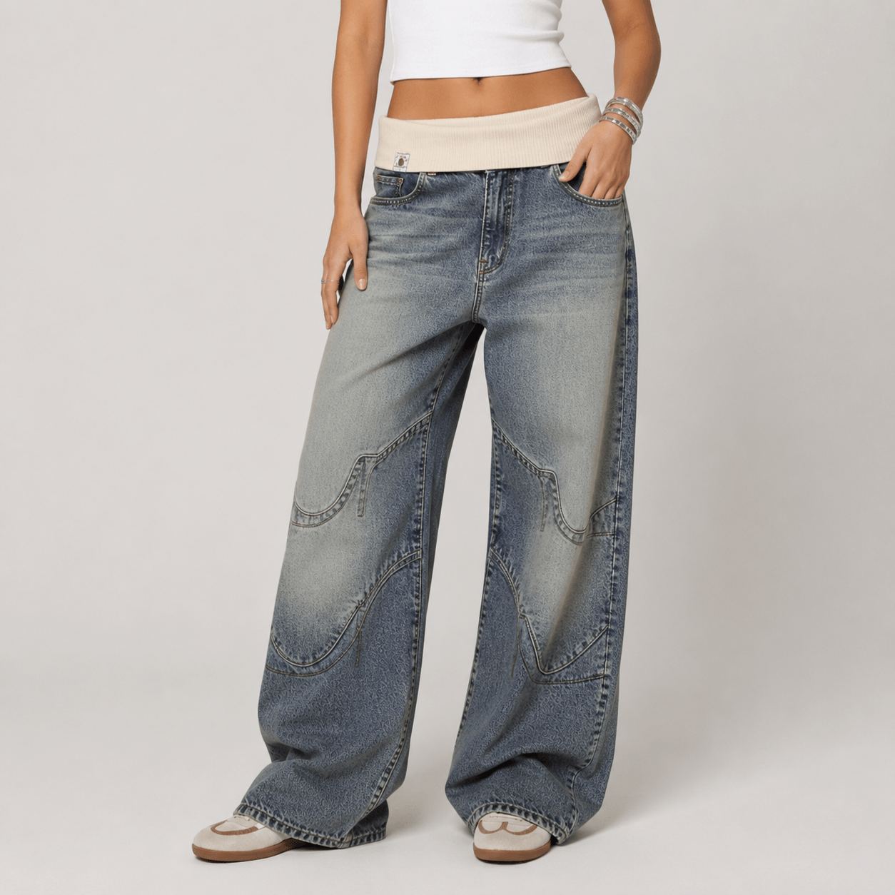 Women’s Grey Elastic Waist Wide Leg Baggy Jeans