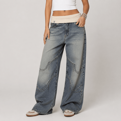 Women’s Grey Elastic Waist Wide Leg Baggy Jeans
