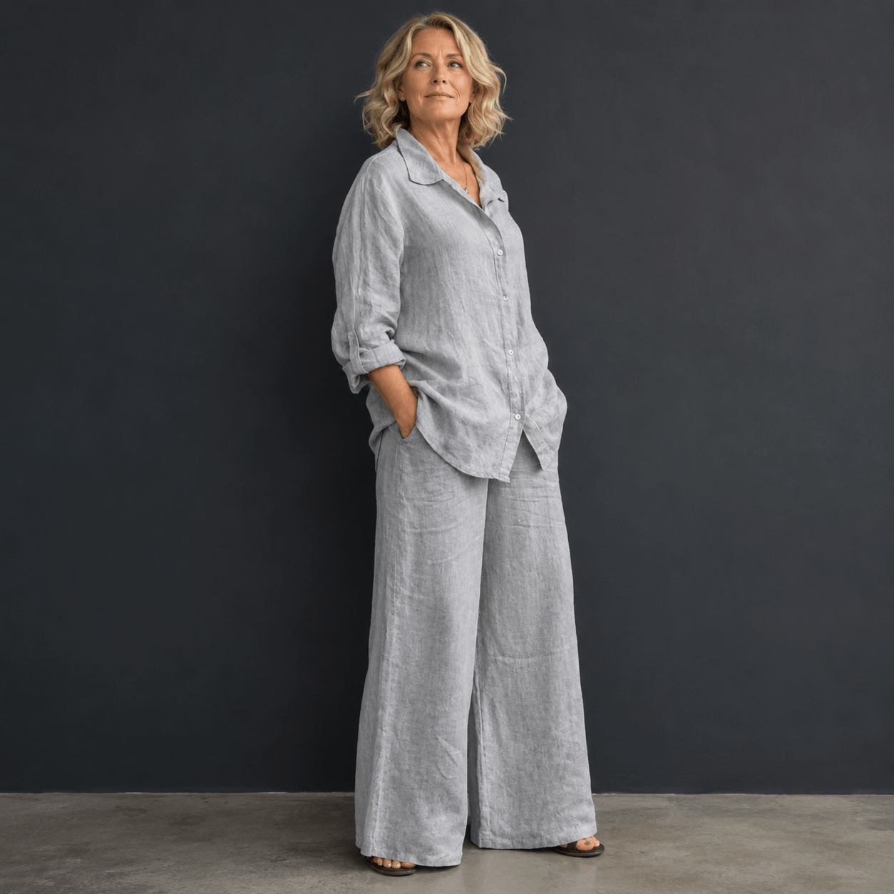 Women’s Linen Two Piece Set Long Sleeve Shirt & Wide Leg Trousers