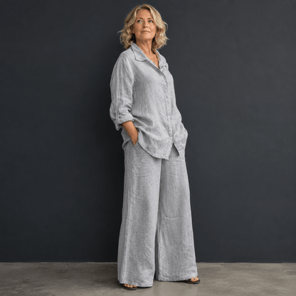 Women’s Linen Two Piece Set Long Sleeve Shirt & Wide Leg Trousers