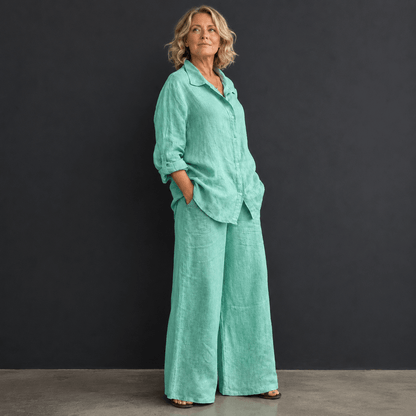 Women’s Linen Two Piece Set Long Sleeve Shirt & Wide Leg Trousers