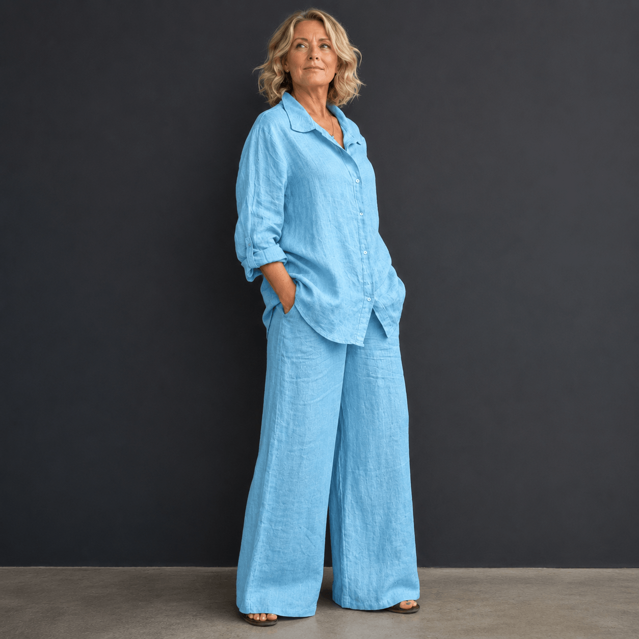 Women’s Linen Two Piece Set Long Sleeve Shirt & Wide Leg Trousers