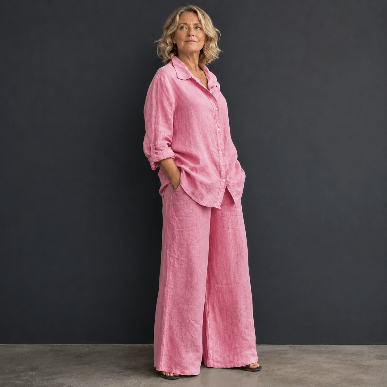 Women’s Linen Two Piece Set Long Sleeve Shirt & Wide Leg Trousers