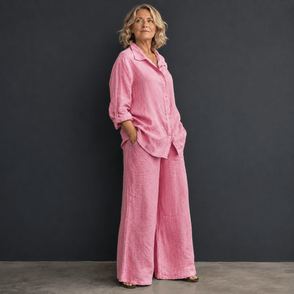 Women’s Linen Two Piece Set Long Sleeve Shirt & Wide Leg Trousers