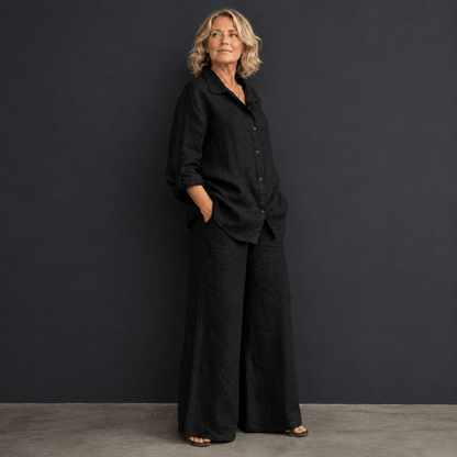 Women’s Linen Two Piece Set Long Sleeve Shirt & Wide Leg Trousers