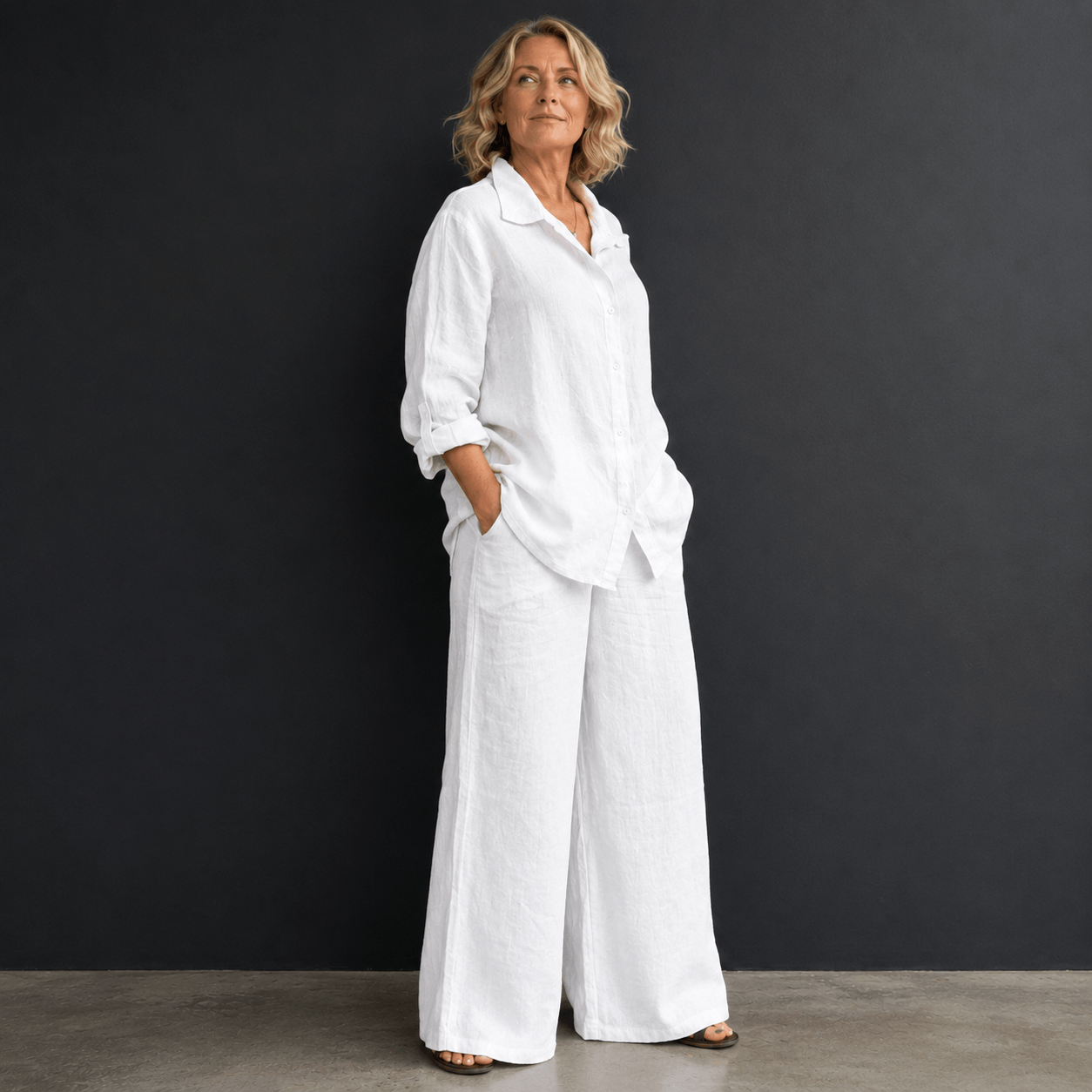 Women’s Linen Two Piece Set Long Sleeve Shirt & Wide Leg Trousers