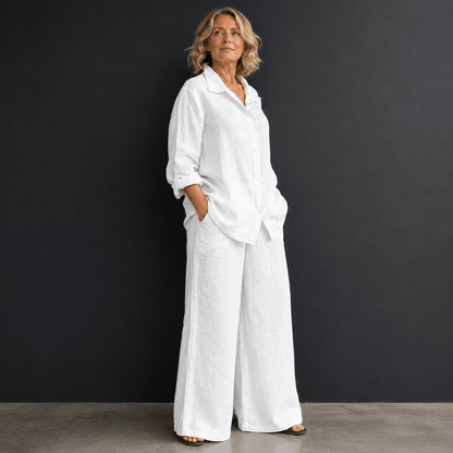 Women’s Linen Two Piece Set Long Sleeve Shirt & Wide Leg Trousers