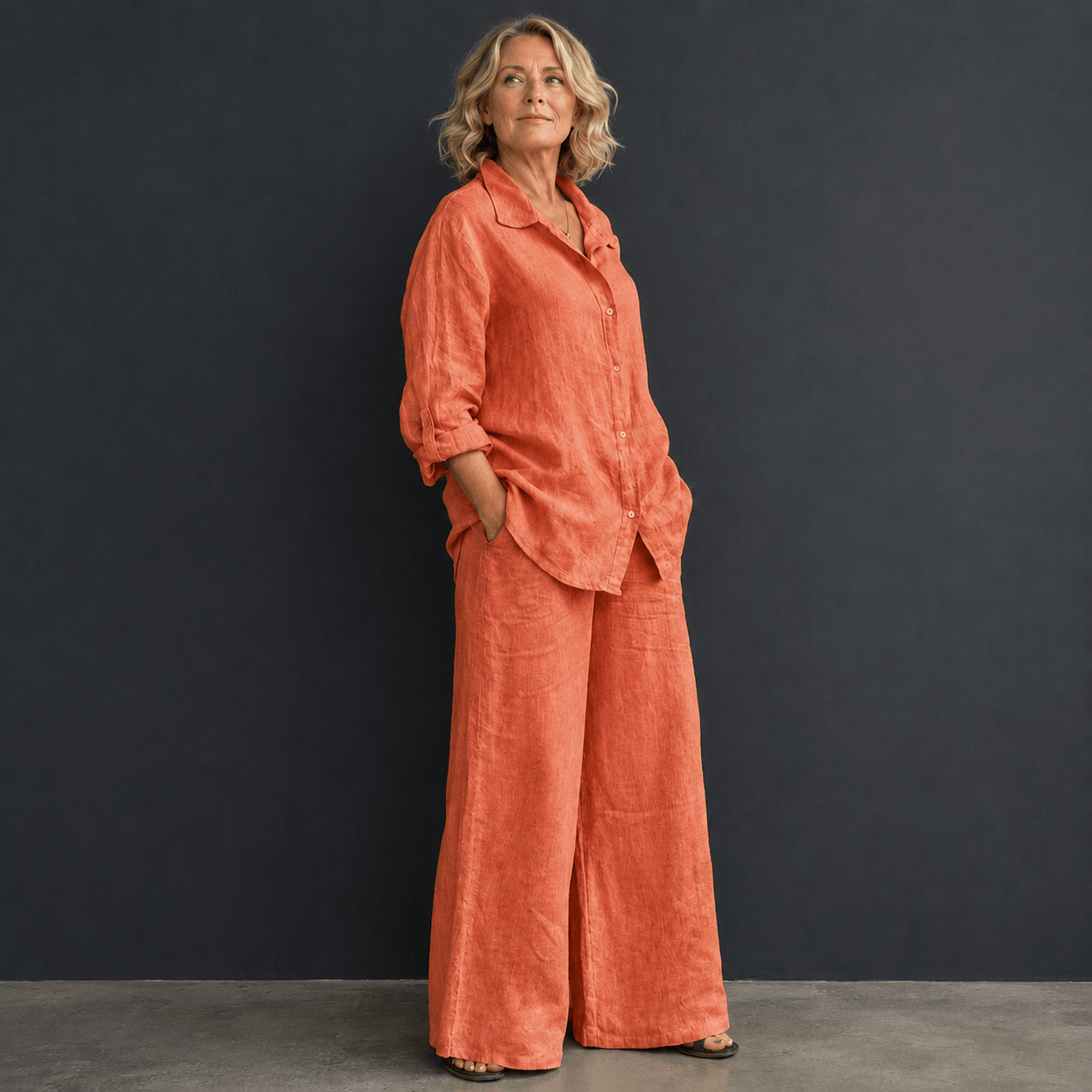 Women’s Linen Two Piece Set Long Sleeve Shirt & Wide Leg Trousers